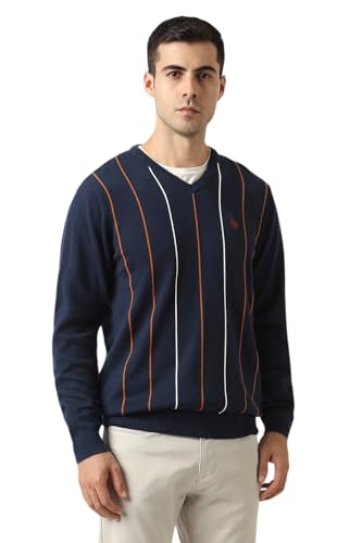 Men Navy Stripe V Neck Sweater