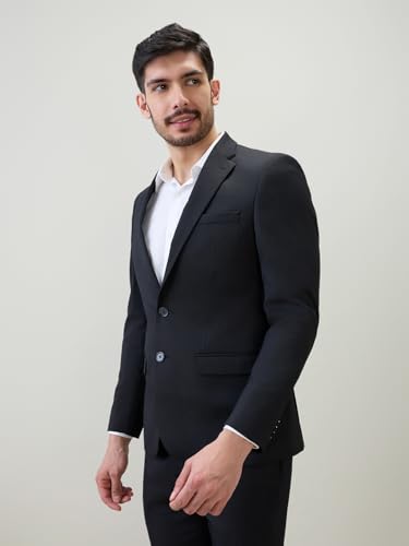 Raymond Men Contemporary Fit Solid Pattern Poly Viscose Blend Notch Lapel Full Sleeve Formal Suit Black