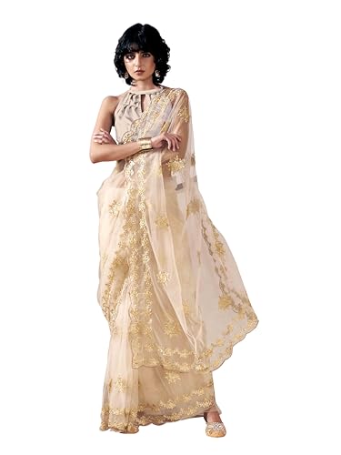 Womanista Women's Net Embroidered Saree (TI6565_Cream)