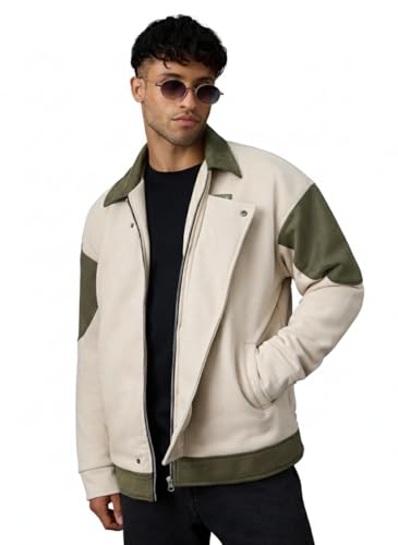 The Souled Store Kanji Men and Boys Full Sleeves Spread Collar Light Beige and Olive Green Colour-Block Polyester Lightweight Everyday Winter Oversized Jacket