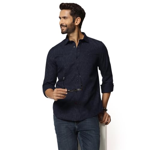blackberrys Men?s Casual Blue Printed India Slim Fit (Slim Comfort) Shirt | Modern Printed Collared Long Sleeve Shirt | Size 46, Color Blue