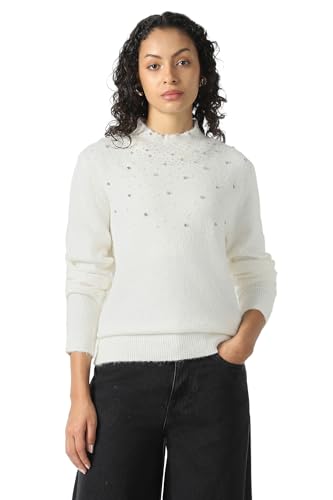 Women White Embellished Round Neck Sweater