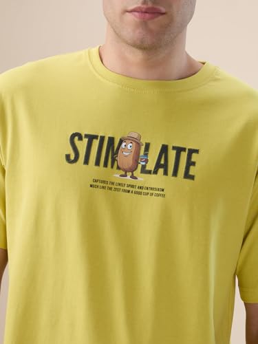 Status Quo Men's Oversized Round Neck Half Sleeves T-Shirt with Back Typography Print | 100% Cotton | Lime | S
