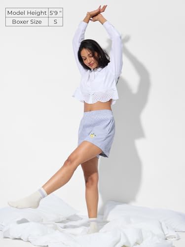 The Souled Store Limoncello Women and Girls Blue Embroidered Above The Knee Cotton Boxer Shorts