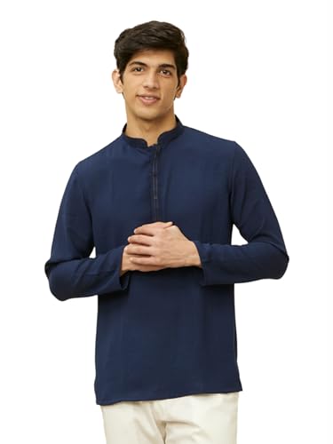 Manyavar Mens Blue Art Silk Solid Short Kurtas