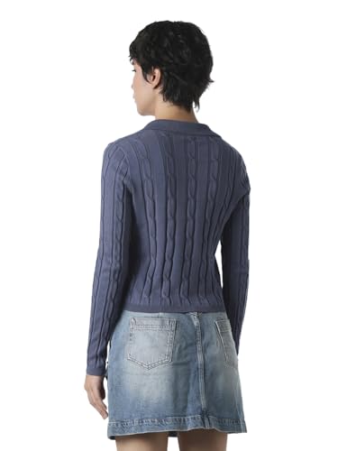 ONLY Women's Self Design Slim Fit Blue Sweater