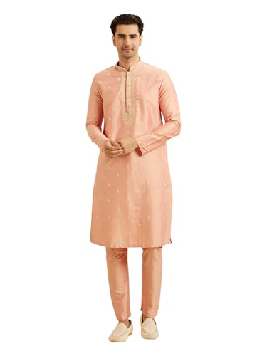 Manyavar Men's Viscose Blend Embellished Kurta Set (Peach,XL)