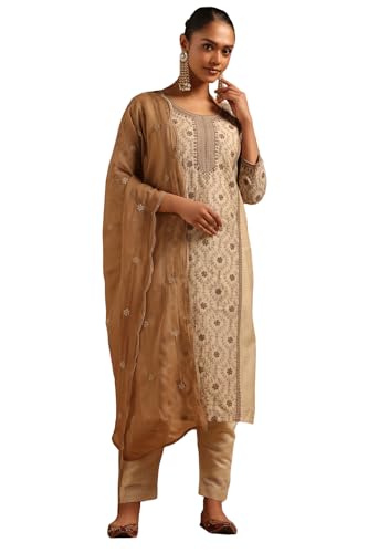 Soch Womens Beige Mul Chanderi Botanical Salwar Suit With Machine Embroidery and Thread Work