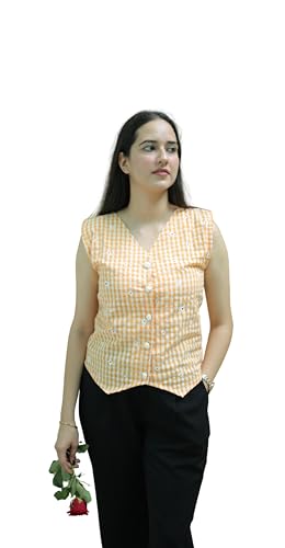 House of Sifar Gingham Waistcoat, Yellow, Sleeveless (XS)