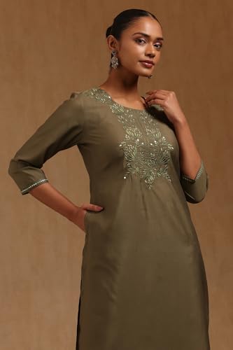 Soch Womens Olive Muslin Floral Kurta Set With Chikankari Embroidery Work
