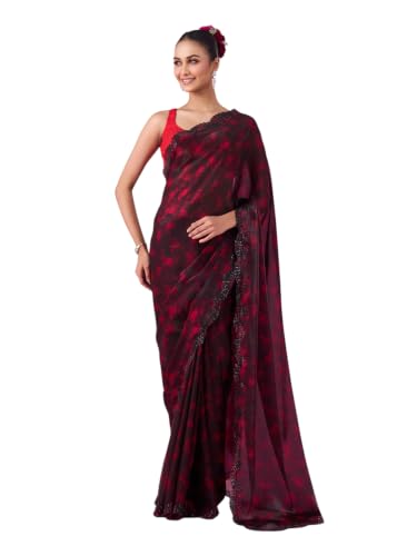 MOHEY Women's Organza Printed & Stone Work Saree with Blouse Piece (Rani)