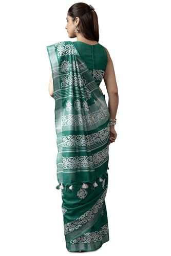 Soch Womens Turquoise Blue Linen Batik Print Sarees With Tassels