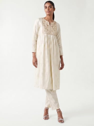 Max Women Embroidered A-line Kurta Set(Off White_L)