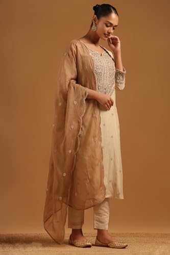Soch Womens Beige Mul Chanderi Botanical Embroidered Salwar Suit