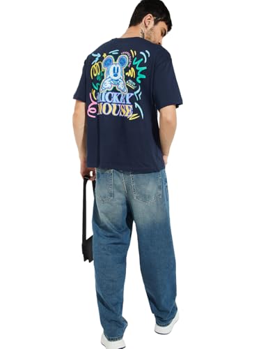 Max URB_N Men Mickey Mouse Print Oversized T-Shirt(Blue_XL)