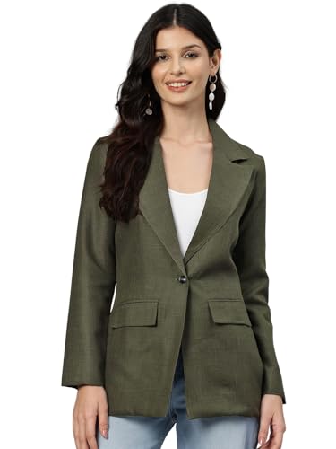 Cottinfab Women Olive Green Solid Single-Breasted Long Sleeves Formal Blazer