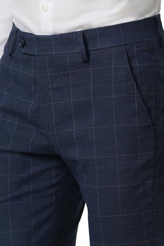 Peter England Men Blue Check Ultra Slim Fit Formal Trousers