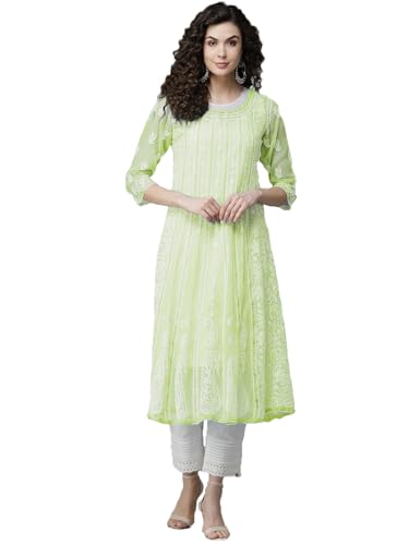 Ada Handmade Lucknow Chikankari Georgette Anarkali Kurti Kurta for Women & Girls A411142 (5XL, Green)