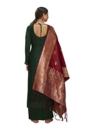 VUBA Satin Suit For Women's Embroidered Semi Stitched Top With Unstitched Santoon Bottom and Pure Woven Banarasi Dupatta Straight Kurta Dress Material (Pakistani Salwar Suit) Green