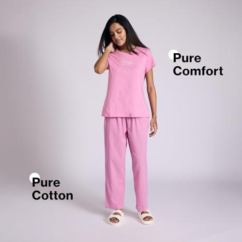 NYKD Essential Cotton Pyjama Coord Set with Crew Neck Cotton Knit Tee Nys943 Pink Seer