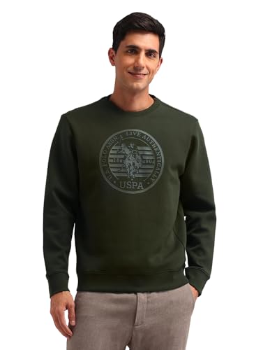 U.S. Polo Assn. Denim Co. Men's Olive Printed Crew Neck Long Sleeve Casual Cotton Regular Fit Sweatshirt (UDSWS0488_Olive_S)