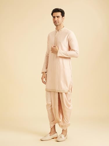 Manyavar Men's Viscose Blend Self Design Kurta Dhoti Set (Peach,XXXL)