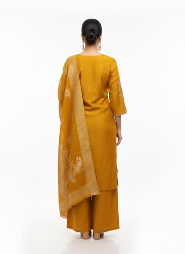 Paridhaan Elegance Traditional Mustard Yellow Embroidered Cotton Palazzo Suit Set with Matching Dupatta, Gold Floral Design Ethnic Wear for Women (IN, Alpha, L, Regular, Yellow)