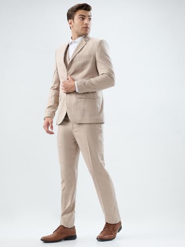 Park Avenue Men Slim Fit Solid Pattern Terry Rayon Blend Notch Lapel Full Sleeve Ceremonial Suit Fawn