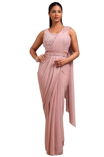 Soch Womens Blush Pink Nylon Blend Solid Ready To Wear Saree With Sequins