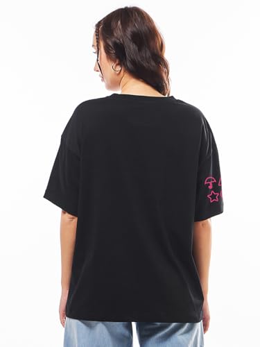 Bewakoof Official Squid Game Merchandise Women's Typography Oversized Fit Half Sleeve Round Neck Cotton Jersey T-Shirt_655109_Black_3XL