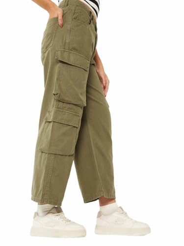 Max Women Solid Cargo Trousers (Green_26)
