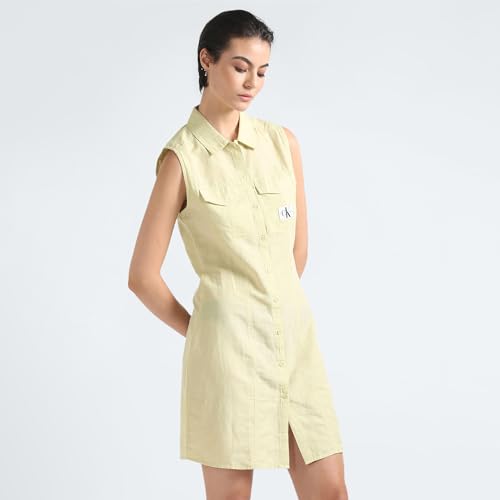 Calvin Klein Linen Green Solid Shirt Collar Sleeveless Women Shirt Dress (XS)