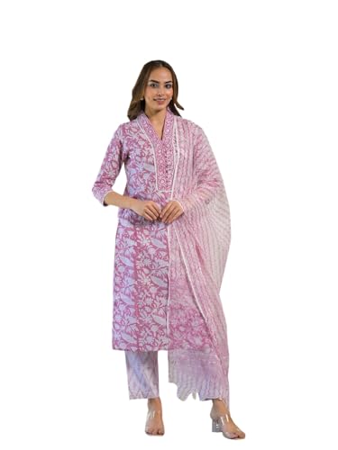 Divena White & Pink Cotton Block Print Kurta Pant with Dupatta