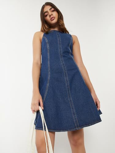 Max Women Solid A-line Dress(Blue_XXL)