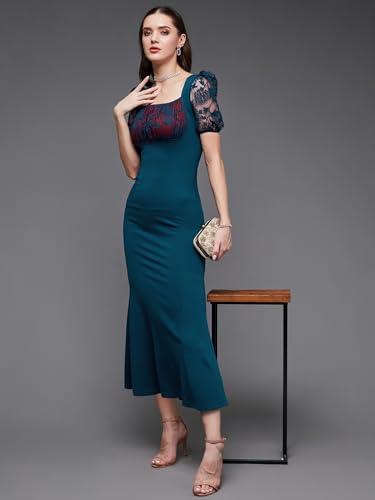 Miss Chase Women's Square Neck Short Puff Sleeve Self Design Lace Overlaid Bodycon Maxi Dress (MCAW25D87-01-UVE-05, Harbor Teal, L)
