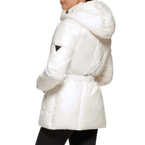 GUESS Women's Hooded Belted Water Resistant Coat, White, S
