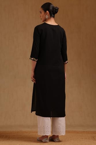 Soch Womens Black Cotton Dobby Embroidered Kurta with Thread Work