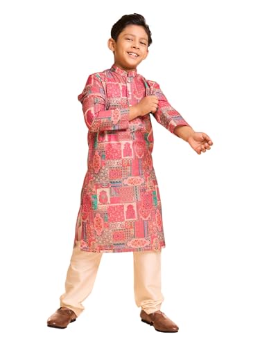 Manyavar Boys Cotton Blend Abstract Print Kurta Pyjama Set (Coral,8-10Y)