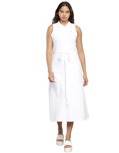 Tommy Hilfiger Women's Cotton Fit and Flare Midi Casual Dress (F23HWDR014_White