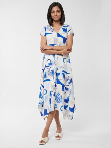 Max Women Printed Asymmetric Dress (White_M)
