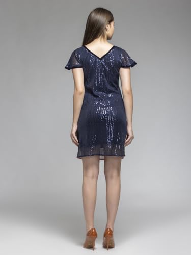 SHAYE Women Sheath Boat Neck Navy Blue Sequinned Short Sleeves Party Dress, Large