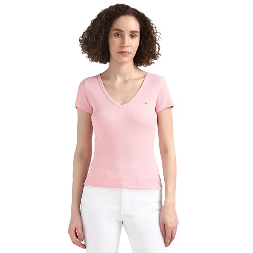 Tommy Hilfiger Pink Textured V-Neck Half Sleeve T-Shirt