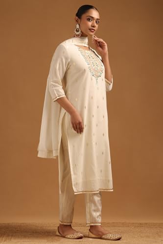 Soch Womens Off-White Pure Cotton Floral Embroidered Zari Woven Salwar Suit