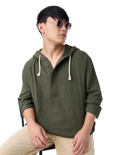 The Souled Store Cotton Gauze Hoodie: Storm Men and Boys Full Sleeves Hooded Neck Olive Green Solid Textured Cotton Oversized Fit Double Cloth Everyday All-Season Hoodie
