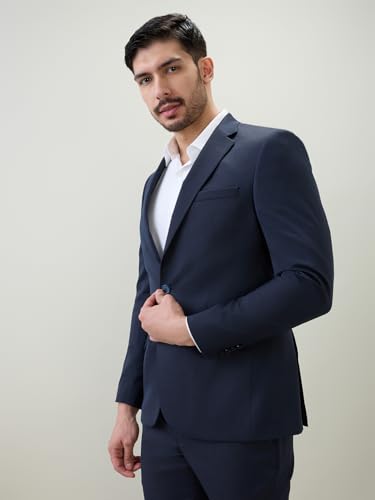 Raymond Men Contemporary Fit Solid Pattern Poly Viscose Blend Notch Lapel Full Sleeve Formal Suit Blue