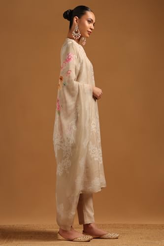 Soch Womens Beige Linen Floral Print Suit Set With Mirror Work