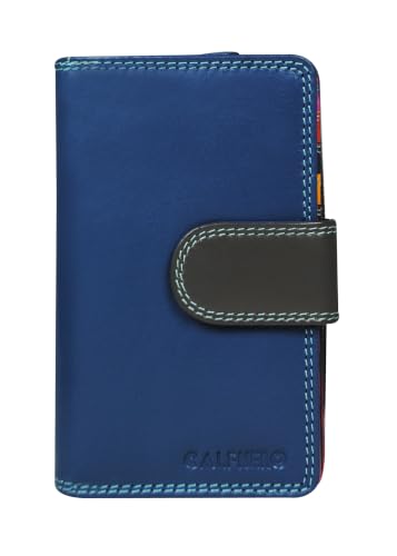 Calfnero Women's Genuine Leather Wallet-Long Purse Wallet with Multiple Card Slots, Zip Pocket and Note Compartment (Blue-Multi)