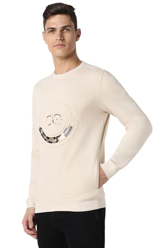 Men Cream Solid Crew Neck Sweatshirt