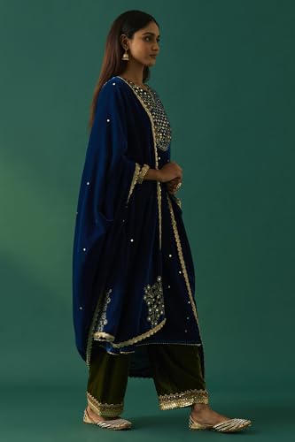 Wishful Women's Blue Embroidered Velvet Anarkali Kurta with Salwar and Dupatta Set - (SP12854-223811-L)