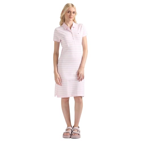 Tommy Hilfiger Pink Striped Polo Collar Short Sleeves Women Polo Dress (L)